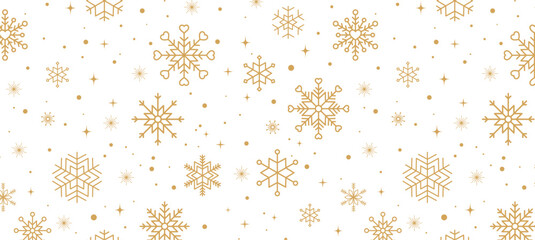 Aufkleber - Christmas vector background seamless pattern with gold snowflakes and stars isolated on transparent background.