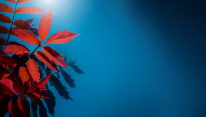 Wall Mural - Trendy blue background with red tropical plants and leaves.	
