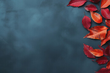 Wall Mural - Autumn background with colored red leaves on blue slate background. Top view, copy space for banner or poster