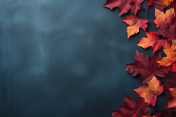 Wall Mural - Autumn background with colored red leaves on blue slate background. Top view, copy space for banner or poster
