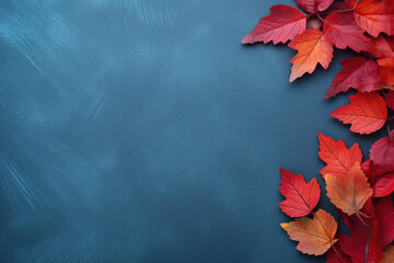 Wall Mural - Autumn background with colored red leaves on blue slate background. Top view, copy space for banner or poster