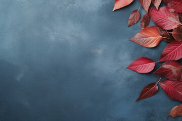 Wall Mural - Autumn background with colored red leaves on blue slate background. Top view, copy space for banner or poster