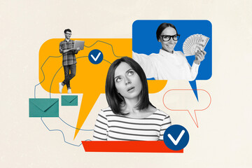 Poster - 3d retro abstract creative collage of annoyed worker female corporate culture speech bubble surrealism template metaphor artwork concept