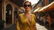 : A fashionable depiction of a young woman in designer sunglasses, her elegant yellow dress a contrast to the rustic charm of an old town street, blending contemporary fashion with historic ambiance.