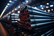 Steel Pipes bunch on the rack in warehouse Generative ai