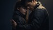 : A tender moment frozen in time, showing a young couple embracing lovingly, their gentle smiles illuminated subtly against the studio's dark background, conveying a sense of deep affection.