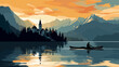 copy space, simple vector illustration, Lake Bled, Slovenia. Flat 2D illustration, beautiful lake Blad landscape.  The pilgrimage church dedicated to the Assumption of Mary on Bled island. Famous tour