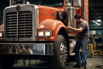 Auto mechanic repairing a truck in an auto workshop