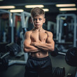 Portrait of serious schoolboy with naked muscular torso. Generative AI