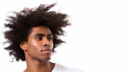 Portrait of an handsome black afro american young male model man with beautiful afro hair in motion isolated on white background