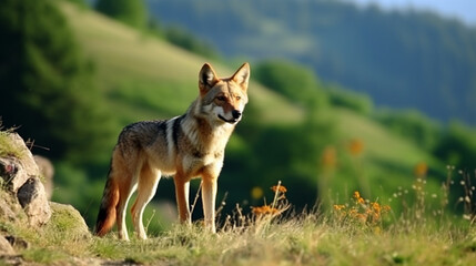 Wall Mural - Bulgaria wildlife, Balkan in Europe. Golden jackal, Canis aureus, feeding scene meadow generative ai