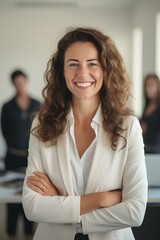 Poster - Happy businesswoman professional leader standing in office. Smiling female employee, manager, confident entrepreneur at work. generative AI