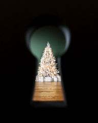 Christmas through the keyhole. Closeup shot on keyhole looking on white Christmas tree. 3D Rendering, 3D Illustration