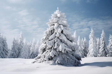 Wall Mural - A beautiful snow covered pine tree standing tall in a snowy field. Perfect for winter landscapes or holiday themed designs