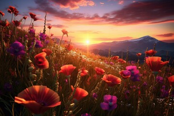 Wall Mural - A beautiful field of flowers with a stunning sunset in the background. Perfect for adding a touch of natural beauty to any project