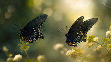 Two Black Butterflies Close-up On A Background Of Flowers And Grass