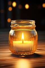 Poster - A lit candle is placed inside a glass jar on a table. This image can be used to create a cozy and warm atmosphere in various settings.