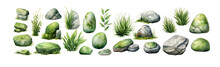 Watercolor Stones With Green Moss Ornament Set. Hand Drawn Isolated On Transparent Background.