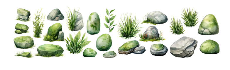 Watercolor stones with green moss ornament set. Hand drawn isolated on transparent background.