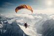 a man with parachute skydiving at high altitude in sky in snowy mountains
