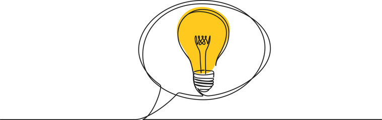 Wall Mural - continuous single line drawing of speech bubble with lightbulb, idea and inspiration line art vector illustration