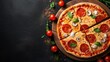 © Voilla - Pizza on dark background copy space flat lay space for text