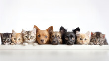 A Row Of Kittens And Puppies Peeking Out At A White Table On A White Background. Poster Or Banner Mockup For A Veterinary Clinic Or Pet Store.