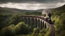 Bridge In The Mountains  A Steam Train On A High Viaduct. The Train Is Carrying Passengers  