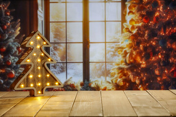 Wall Mural - desk of free space and home interior with chrismtas tree.