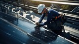 Fototapeta Tulipany - The aerial view of solar panel and engineer worker installing and checking maintain solar panel energy green system in the rooftop of building and home