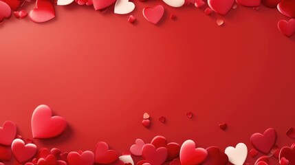 Valentine's Day themed background featuring a bright red backdrop with a frame, surrounded by various sizes of 3D heart shapes in shades of red.