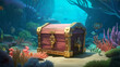 Deep sea diver finds treasure chest underwater. Tropical fish swim by. enchanting and magical