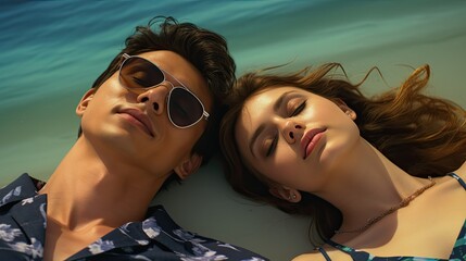 couple lying on the beach and sunbathing