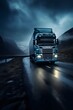a logistics delivery shipping transportation commercial cargo truck vehicle moving on a road at night
