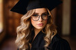 Portrait of young cute student girl in glasses university graduate in student robe and hat