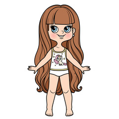 Sticker - Cute cartoon long haired girl dressed in underwear color variation for coloring page on a white background