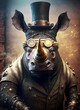 steampunk illustration of a cheerful rhino suitable as a background