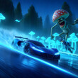 A high-octane pursuit unfolds in this gripping image: a sports car racing away from a menacing mushroom
 monster. Feel the rush and excitement of this daring getaway!