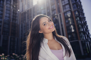 Sticker - Portrait of cheerful carefree person toothy smile good mood enjoy warm summertime weather city center outside