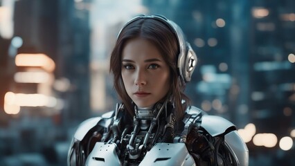 Wall Mural - portrait of a woman  half girl half robot with flesh falling off showing robot underneath,   futuristic space piolet