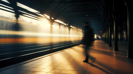 Poster -  a blurry photo of a person standing in a train station with a train passing by on the tracks in the background.