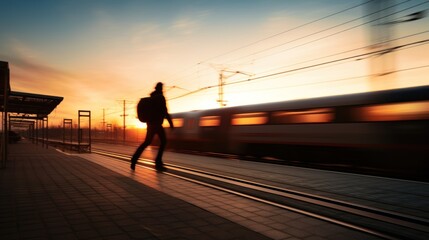 Poster -  a silhouette of a person walking on a platform near a train passing by at sunset with a train passing by.