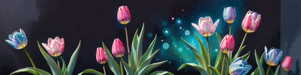 Wall Mural - Abstract painted tulips banner on dark watercolor background, background for your design, concept Valentine's or birthday or Mother's Day or Women's Day.