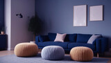 Fototapeta  - Two knitted poufs near dark blue corner sofa. Scandinavian home interior design of modern living room. Generated AI