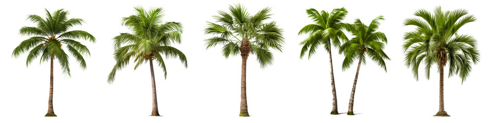 a set of coconut palm images cut out on a transparent background. close-up of exotic trees in png fo