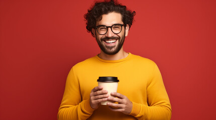 Wall Mural - 
Hyper-realistic high-quality photo of a Portrait of confident young smiling bearded man in casual red t-shity and trendy spectacles holding laptop and paper cup of coffee, isolated on yellow backgrou