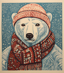 colored linocut of a christmas polar bear in a knitted hat and scarf. simple flat illustration with 