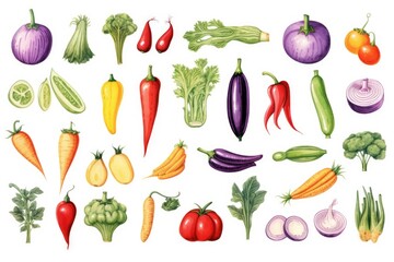 Aufkleber - A collection of various fresh vegetables neatly arranged on a clean white surface. Perfect for illustrating healthy eating, cooking, nutrition, or farm-to-table concepts.