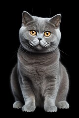 Sticker - A gray cat with mesmerizing yellow eyes sitting on a sleek black surface. Perfect for pet lovers or animal-themed designs.