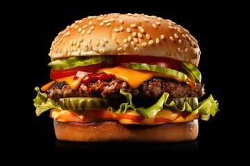 Wall Mural - A delicious hamburger with fresh lettuce, juicy tomato, and melted cheese. Perfect for fast food lovers or food-related projects.